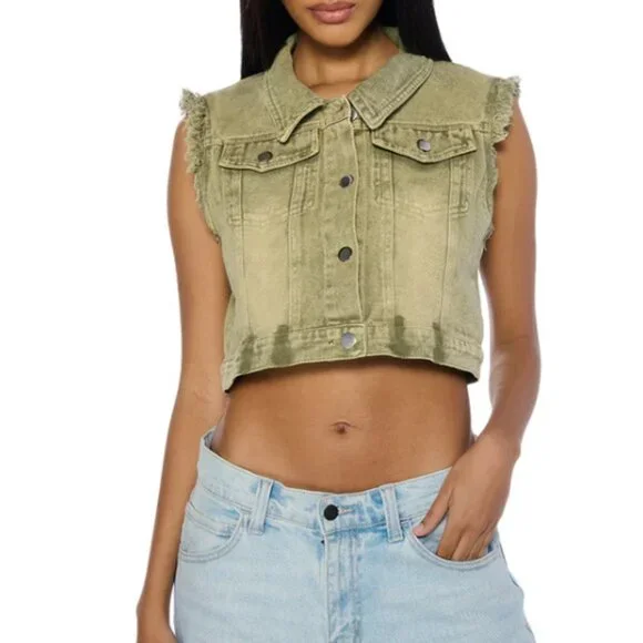 Callie Lives Miz Stone Washed AKIRA Olive Denim Crop Vest S M L XL - Picture 5 of 7
